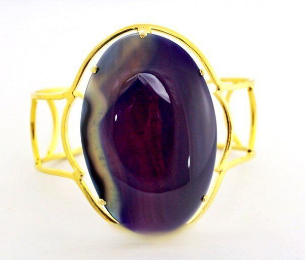 Bracelete Fixo Pedra Natural Ágata Lilás Grande Dourado