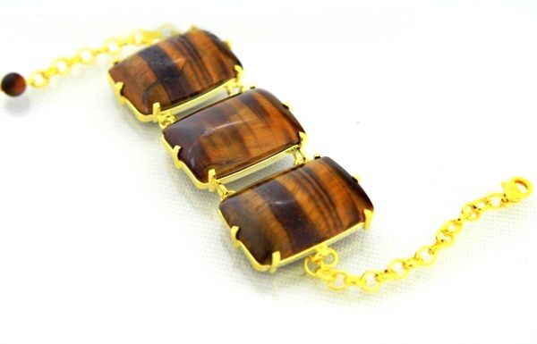 Bracelete 3 Pedras Olho de Tigre Lapidação Retangular