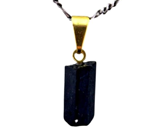 Colar Unissex Canudo de Turmalina Preta Pequeno Pino Dourado