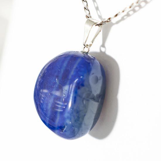 Colar Pedra Natural Agata Azul Rolado Banhado a Prata