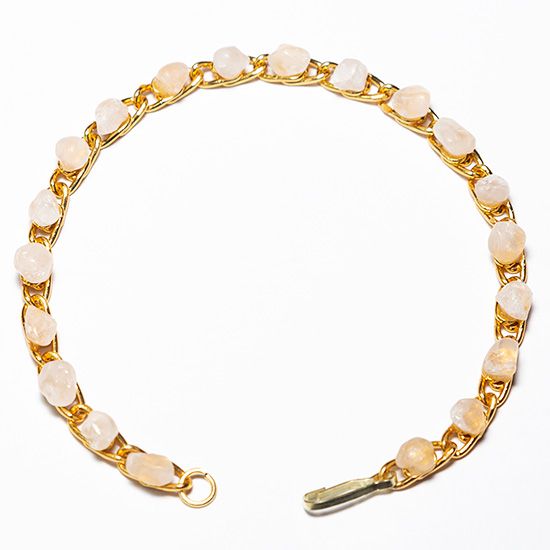 Pulseira Corrente Pedra Quartzo Rosa Colada Natural Dourado