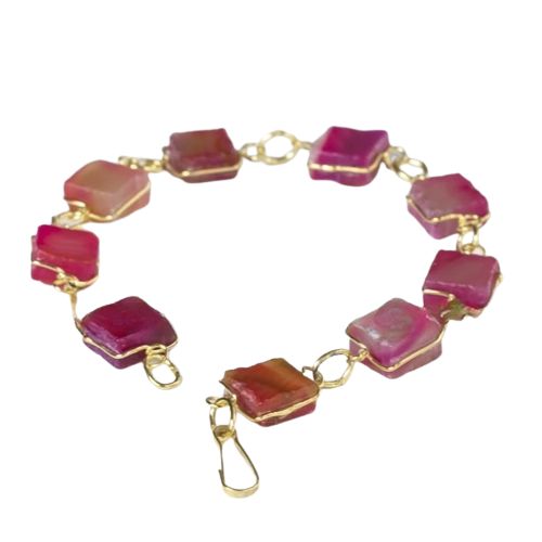 Pulseira Quadrado Pedra Agata Rosa Ranhurado Elo Dourado