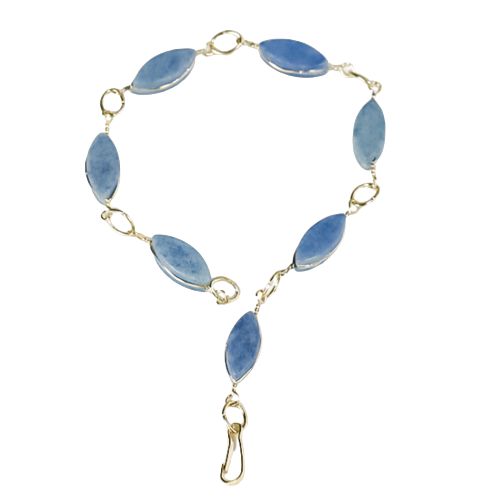 Pulseira Navete Pedra Quartzo Azul Ranhurado Dourado
