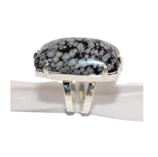 Anel Retangular Obsidiana Flocos de Neve Natural Prateado
