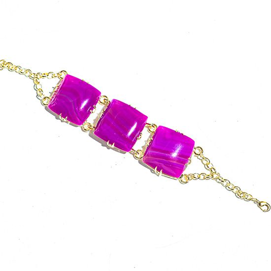 Bracelete 3 Pedras Naturais Ágata Rosa Quadrado Dourado