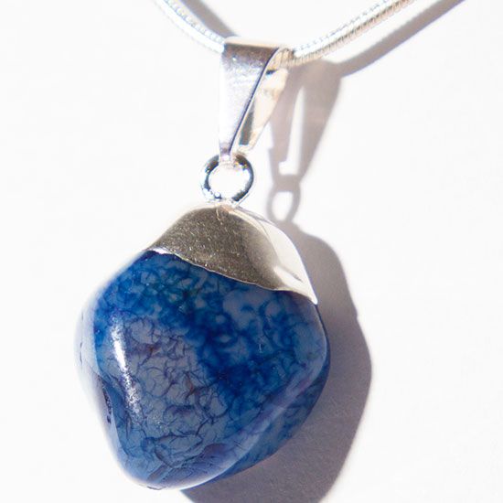 Colar Pedra Rolada Ágata Azul Envolto Montagem Prateado