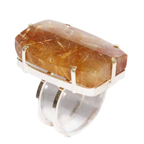 Anel Cristal Rutilo e Lodolita Natural Ajustável Prata 950