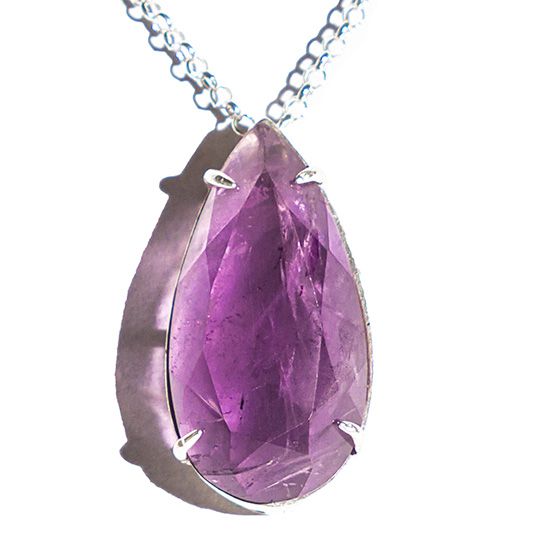 Colar Gota Facetado Pedra Ametista Natural Garra Prata 950