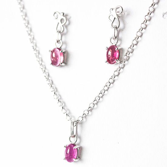 Nlux Conjunto Colar E Brinco Pedra Turmalina Rosa Prata 950