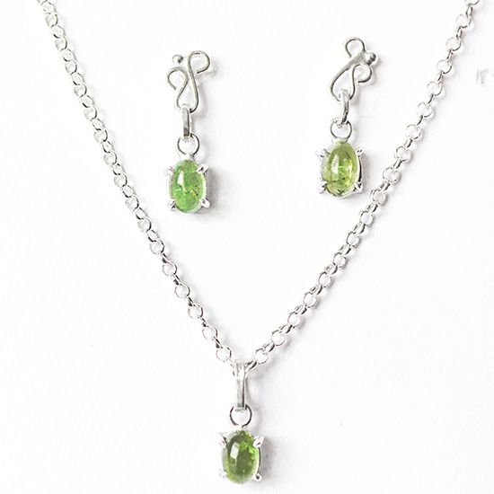 Nlux Conjunto Colar E Brinco Pedra Turmalina Verde Prata 950