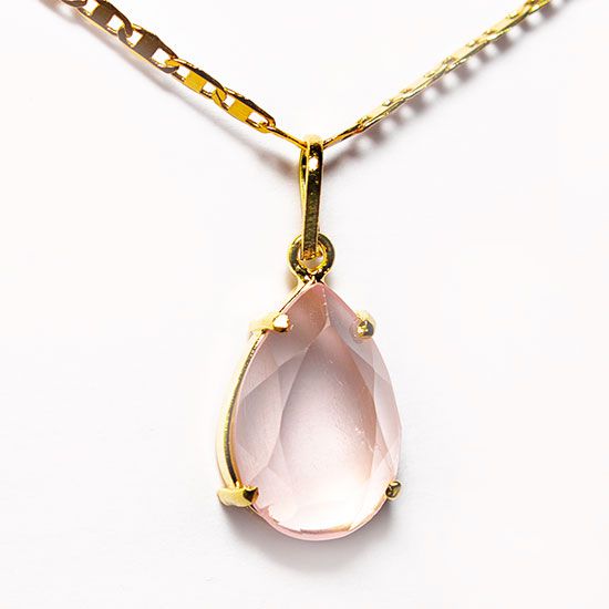 Colar Gota Facetada Quartzo Rosa 20mm Montagem Garra Dourada