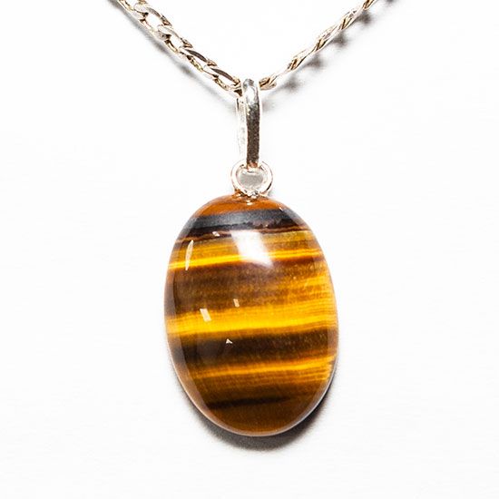 Colar Cabochão Oval Pedra Olho de Tigre 20mm Pino Prata 950