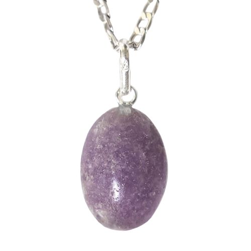 Colar Cabochão Oval Pedra Lepidolita Roxa 20mm Prata 950