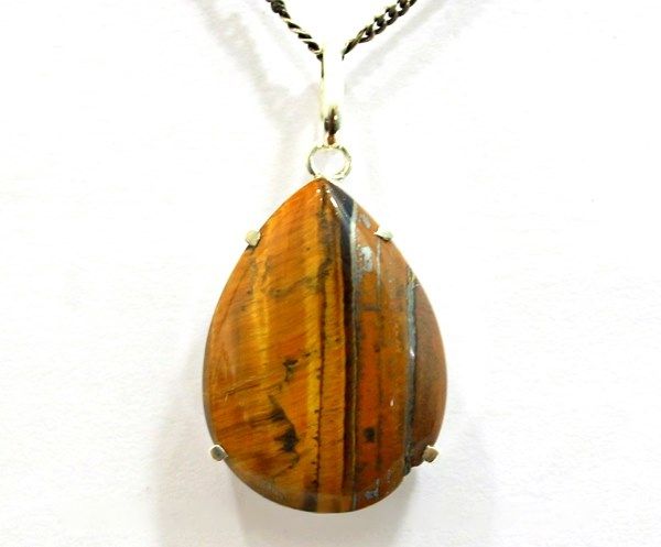 Colar Gota Lisa Pedra Olho de Tigre Natural Prata 950 Garra
