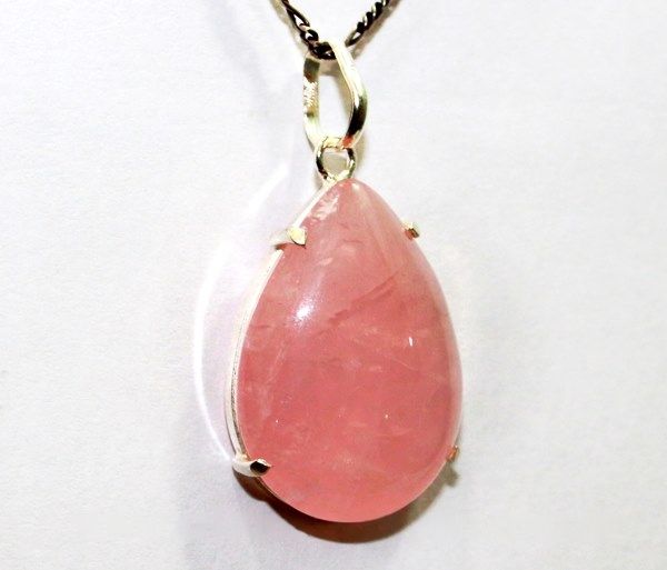 Colar Gota Lisa Pedra Quartzo Rosa Natural Prata 950 Garra