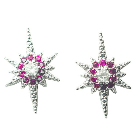Brinco Estrela Meteoro Zircônia Rosa Prata 925 17mm