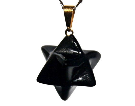 Colar Merkabah Obsidiana Negra Natural Com Presilha Dourado
