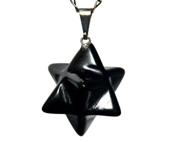 Colar Merkabah Obsidiana Negra Natural Com Presilha Prateado
