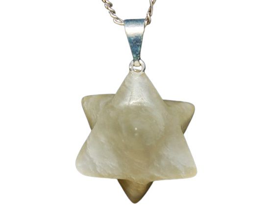 Colar Merkaba Pedra Feldspato Branco Presilha Prateado