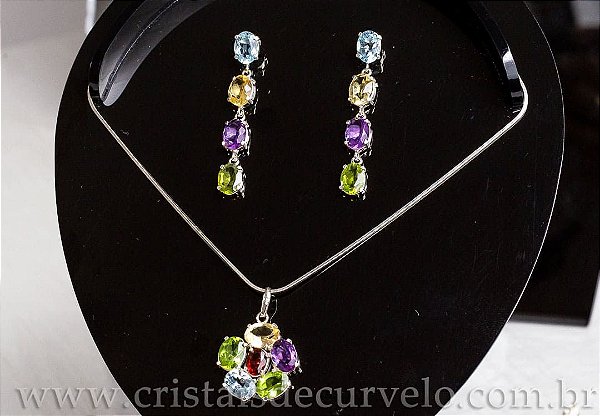 Conjunto Gemas de Verao Prata 950 Colar Brinco e Anel 111566