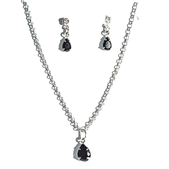 Conjunto Colar e Brinco Gota Zircônia Obsidiana Prata 925