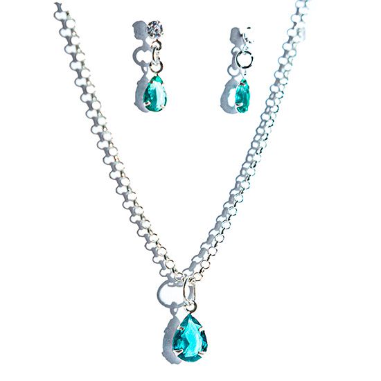 Conjunto Colar e Brinco Gota Zircônia Água-Marinha Prata 925