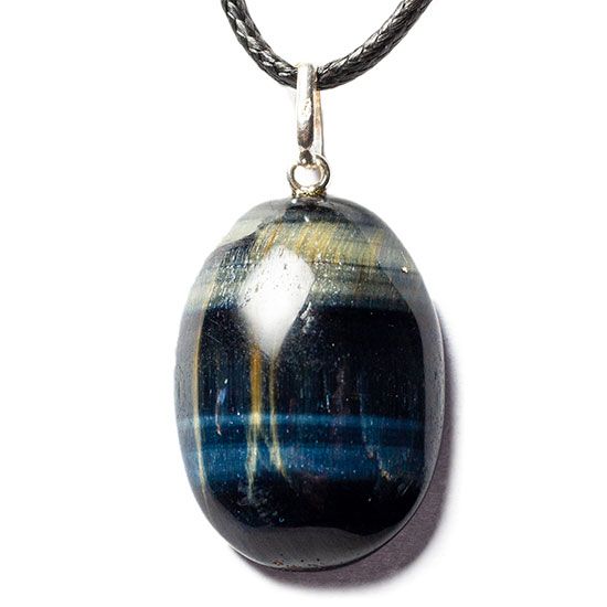 Colar Olho de Falcão Cabochão Oval Montagem Pino Prata 950