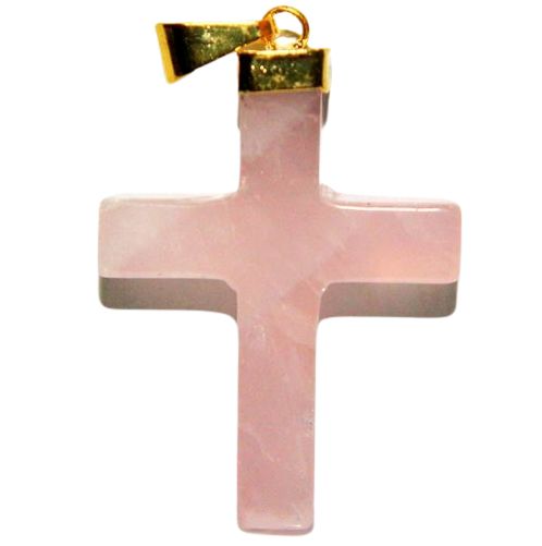 Colar Crucifixo Quartzo Rosa Natural Montagem Envolto Dourada