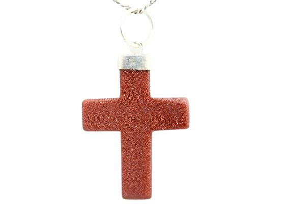 Colar Crucifixo Pedra do Sol Envolto em Prateado