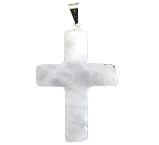 Colar Crucifixo Quartzo Leitoso Natural Pino Prateado