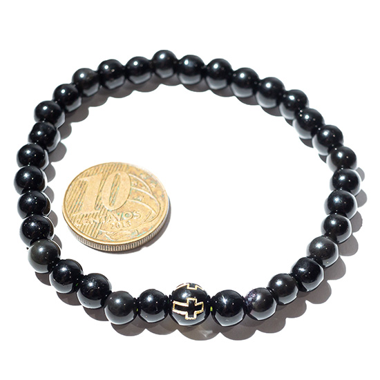 Pulseira Bolinha Pedra Obsidiana Negra Com Cruz 6mm