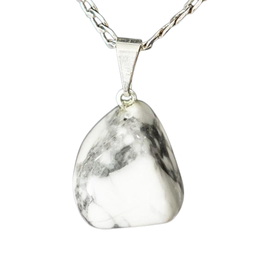 Colar Howlita Branca Pedra Natural Rolado Montagem Pino Prata 950