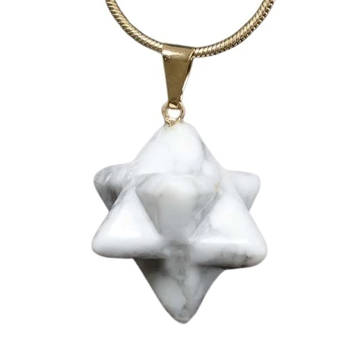 Colar Merkabah Pedra Howlita Branca Pino e Presilha Prateada