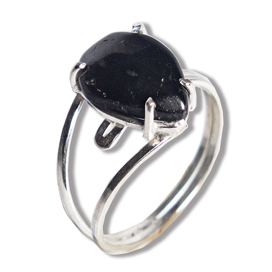 Anel Turmalina Preta Gota Lisa 14mm Aro Ajustável Prata 950