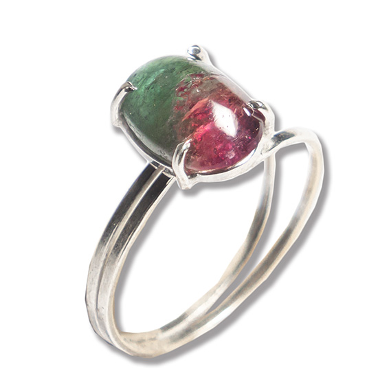Anel Turmalina Melancia Oval 11mm Aro Ajustável Prata 950