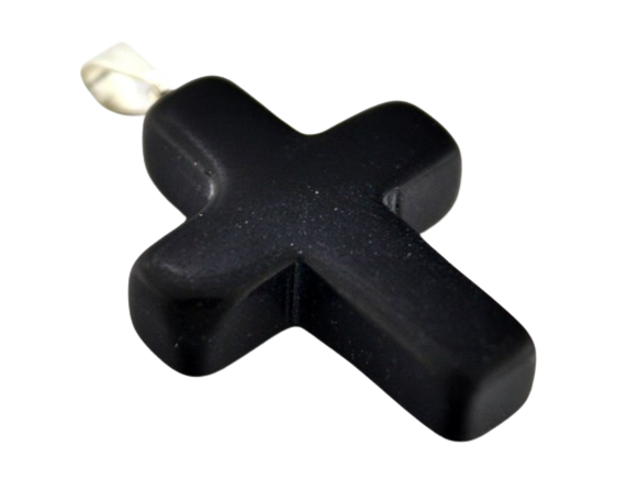 Colar Crucifixo Pedra Obsidiana Preta Natural Pino Prateado