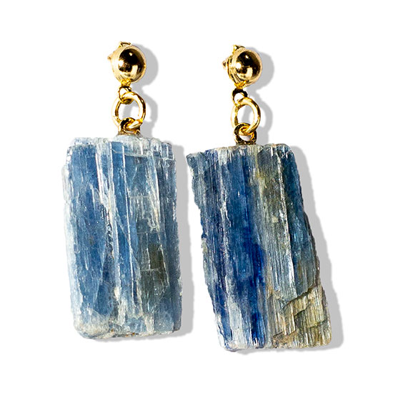 Brinco Cianita Azul Pedra Bruta Natural Tarraxa Dourado 20mm