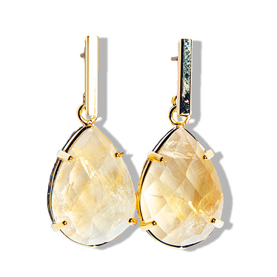 Brinco Citrino Pedra Gota Facetado na Garra Dourado Tarraxa