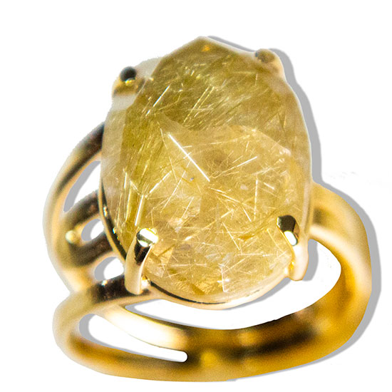 Anel Pedra Cristal com Rutilo Facetado na Garra Dourado