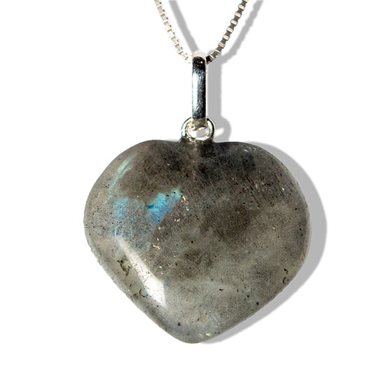 Colar Coração Pedra Labradorita Natural Pino Prata 950