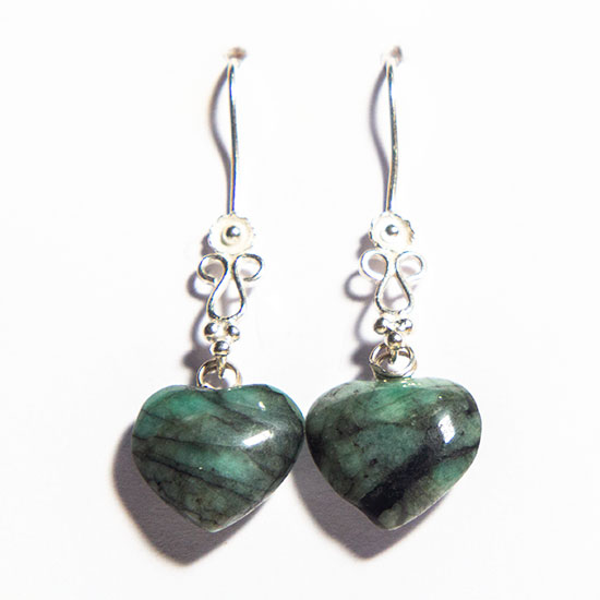 Brinco Coração Esmeralda Pedra Natural Anzol Prata 925