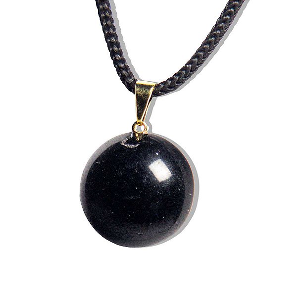 Pingente Disco Liso Pedra Obsidiana Negra Pino Dourado