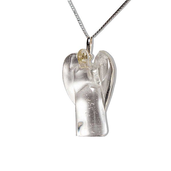 Colar Anjo Pedra Natural Cristal Hialino Pino Prata 950
