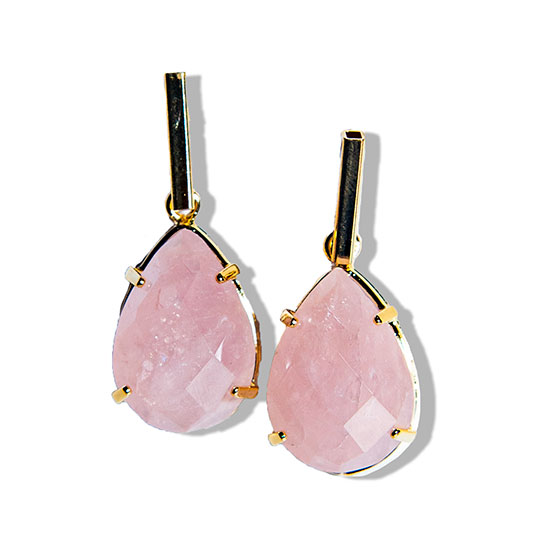 Brinco Quartzo Rosa Gema Facetada Pedra Natural Dourado