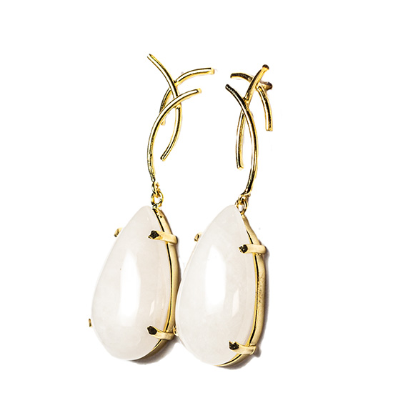 Brinco Gota Pedra Quartzo Leitoso na Garra Dourado Tarraxa