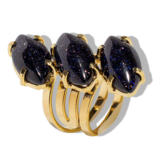 Anel 3 Pedras Estrela Azul Navete Aro Ajustável Dourado