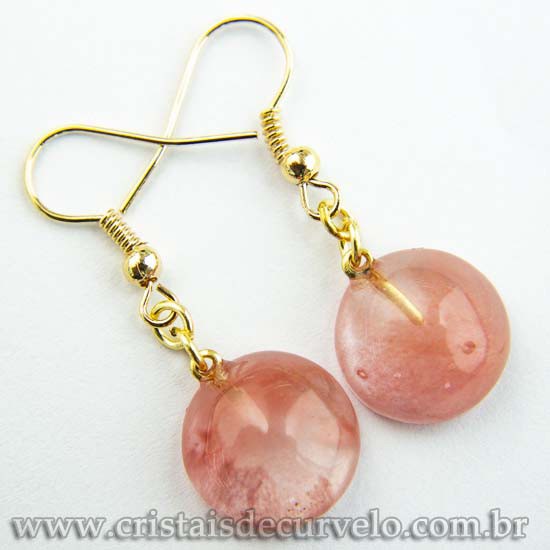 Brinco Disco Pedra Cherry Rosa Montagem Pino Anzol Banho Ouro