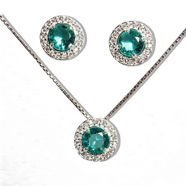 Conjunto Fino Brilhante Esmeralda Zircônia Prata 925