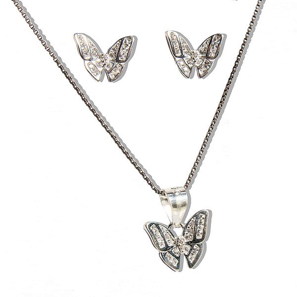 Conjunto Borboleta Butterfly Zircônia Prata 925