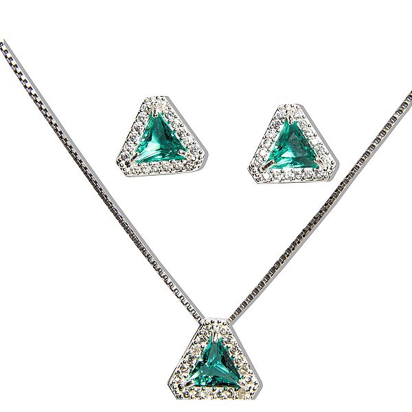 Conjunto Fino Trillion Zircônia Esmeralda Zircônia Prata 925